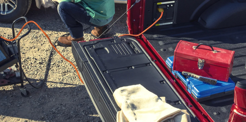 Powertools can be plugged into the electrical outlets in the back of the Ford F-150.