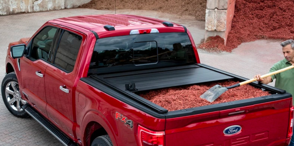 The hard tonneau cover on the back of the F-150 is ideal for keeping things from blowing out of the bed while on the road.