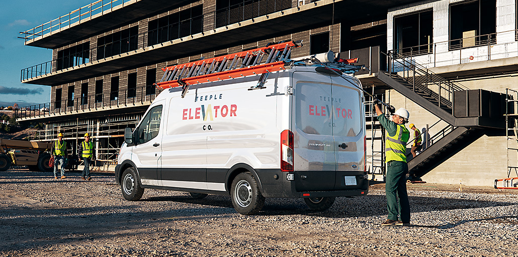 2020 Ford Transit with a ladder rack.